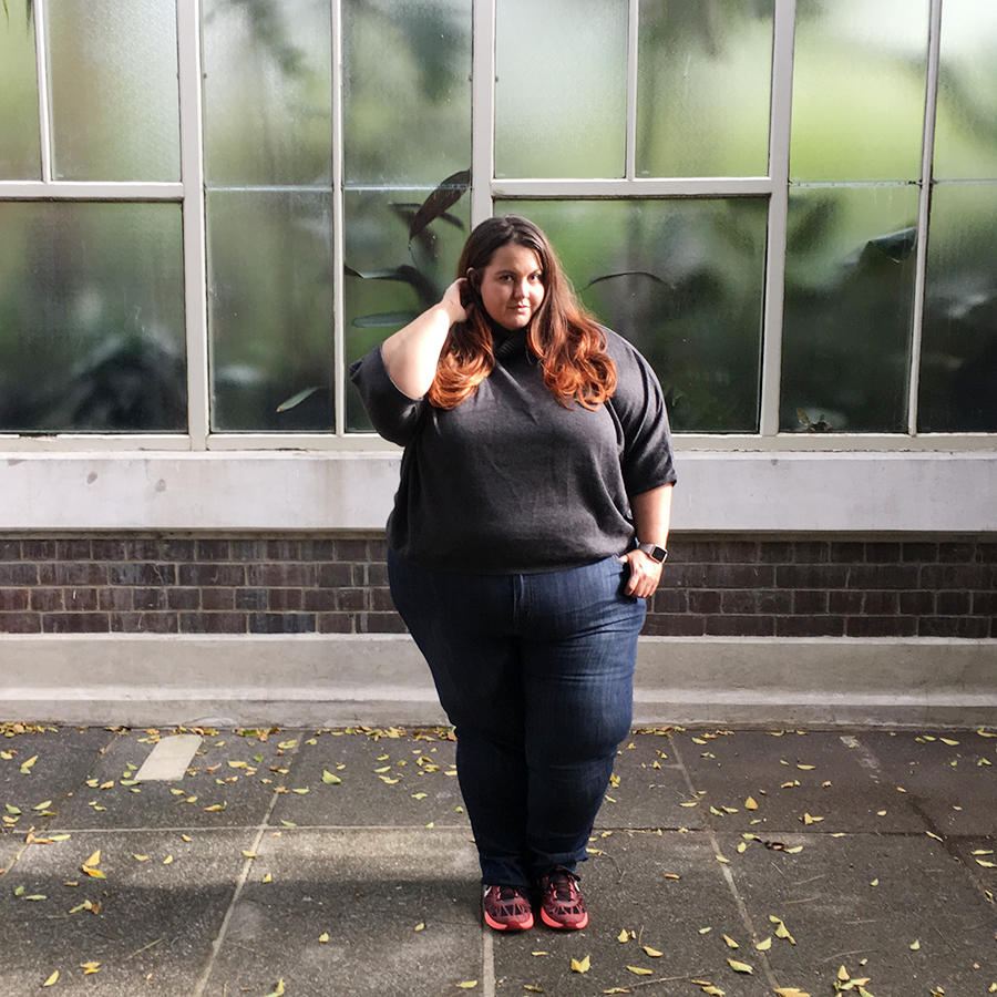 New Zealand plus size fashion blogger Meagan Kerr wears Isolde Roth Turtleneck from Navabi and Kate Madison Jeans from The Warehouse