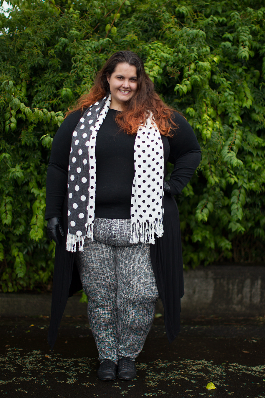 New Zealand plus size fashion blogger Meagan Kerr wears Kate Madison black and white print pants from The Warehouse, Yourself merino top from Farmers, Black Dahlia duster from Empress Eleven, Dotty scarf from K&K, Ezibuy gloves