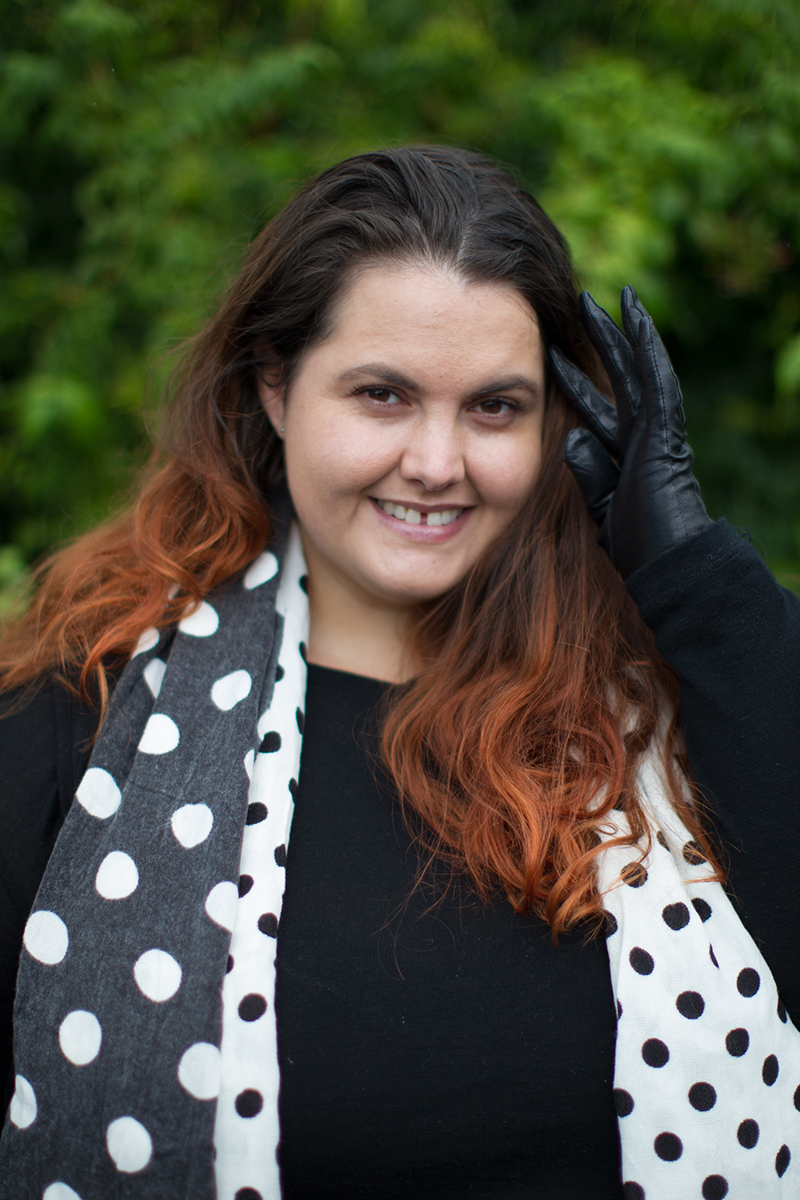 New Zealand plus size fashion blogger Meagan Kerr wears Kate Madison black and white print pants from The Warehouse, Yourself merino top from Farmers, Black Dahlia duster from Empress Eleven, Dotty scarf from K&K, Ezibuy gloves