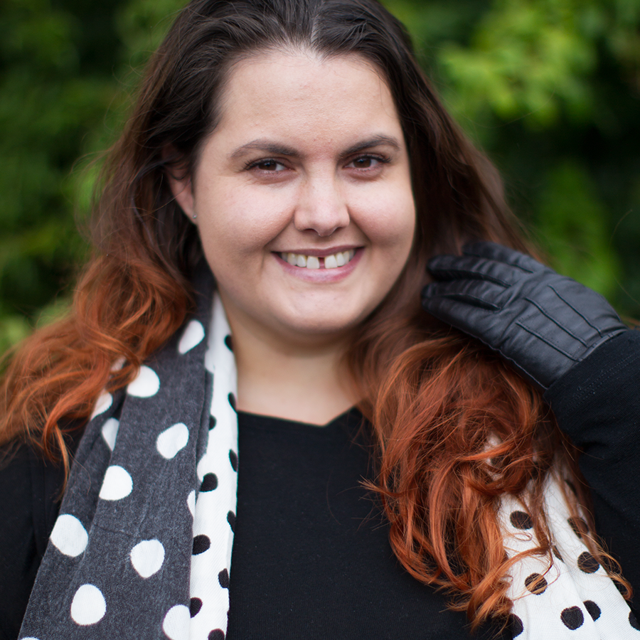 New Zealand plus size fashion blogger Meagan Kerr wears Kate Madison black and white print pants from The Warehouse, Yourself merino top from Farmers, Black Dahlia duster from Empress Eleven, Dotty scarf from K&K, Ezibuy gloves