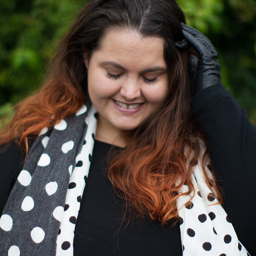 New Zealand plus size fashion blogger Meagan Kerr wears Kate Madison black and white print pants from The Warehouse, Yourself merino top from Farmers, Black Dahlia duster from Empress Eleven, Dotty scarf from K&K, Ezibuy gloves