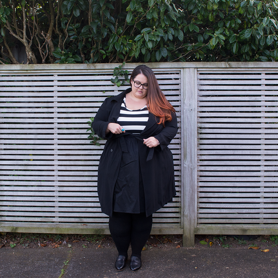 Job interview // New Zealand plus size fashion blogger Meagan Kerr wears Wild Child Urban Stripe Bodice Tea Dress from Farmers, New Look Trenchcoat from ASOS, Donatella's Tights and Black Croc Ocean Shoes from Ziera