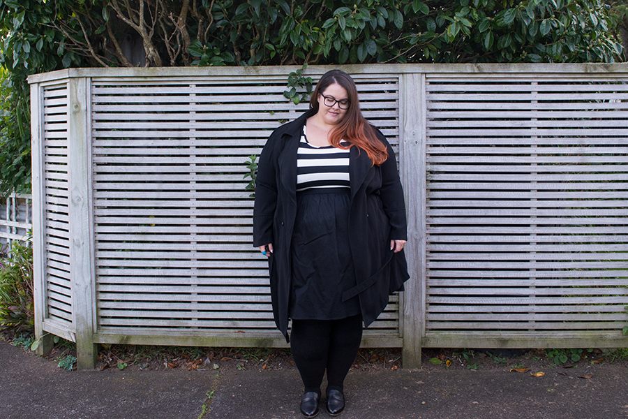 Job interview // New Zealand plus size fashion blogger Meagan Kerr wears Wild Child Urban Stripe Bodice Tea Dress from Farmers, New Look Trenchcoat from ASOS, Donatella's Tights and Black Croc Ocean Shoes from Ziera