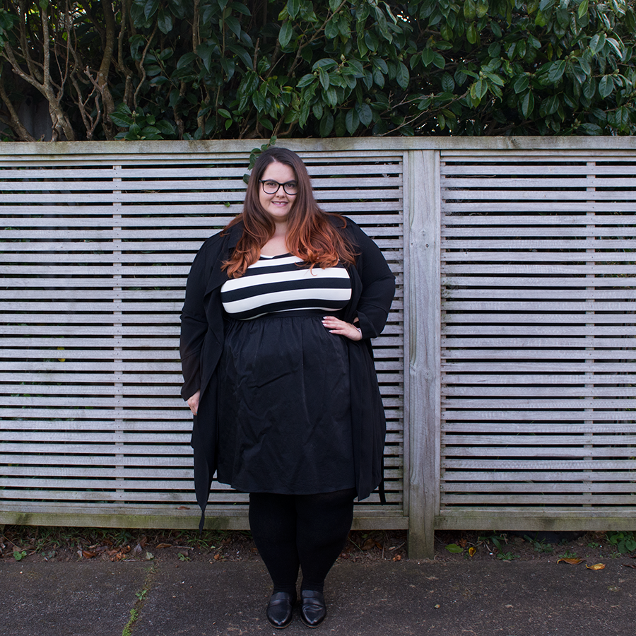 Job interview // New Zealand plus size fashion blogger Meagan Kerr wears Wild Child Urban Stripe Bodice Tea Dress from Farmers, New Look Trenchcoat from ASOS, Donatella's Tights and Black Croc Ocean Shoes from Ziera
