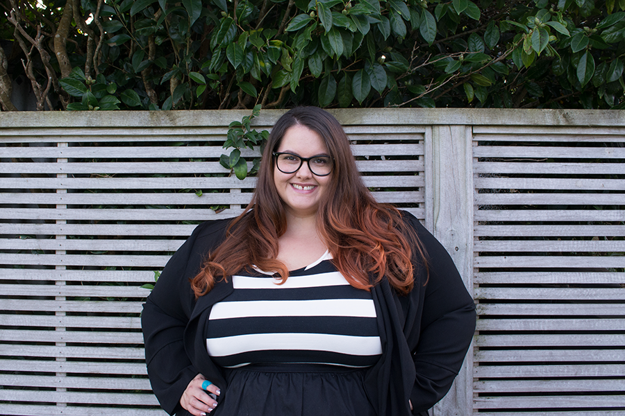 Job interview // New Zealand plus size fashion blogger Meagan Kerr wears Wild Child Urban Stripe Bodice Tea Dress from Farmers, New Look Trenchcoat from ASOS, Donatella's Tights and Black Croc Ocean Shoes from Ziera