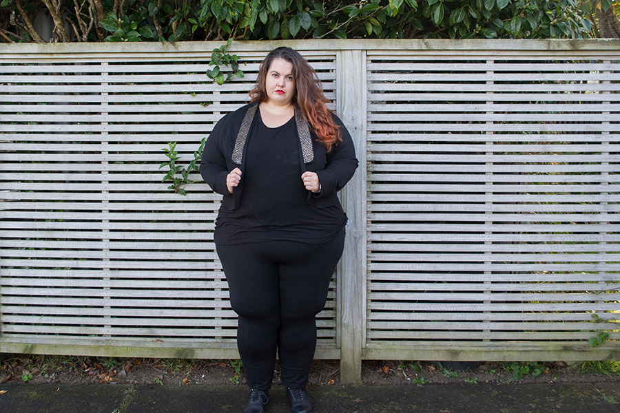 New Zealand plus size fashion blogger Meagan Kerr wears Wild Child City Fashion Ponte Pants, Wild Child Essential Short Sleeve Top and 17 Sundays Rewired Sequin Trim Jacket