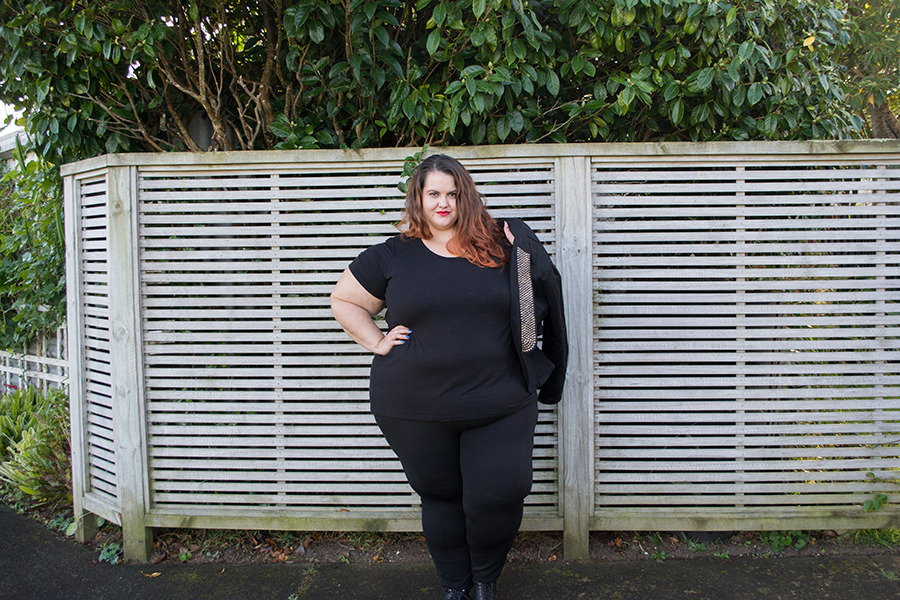 New Zealand plus size fashion blogger Meagan Kerr wears Wild Child City Fashion Ponte Pants, Wild Child Essential Short Sleeve Top and 17 Sundays Rewired Sequin Trim Jacket