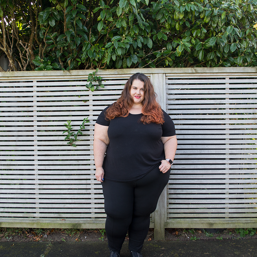 New Zealand plus size fashion blogger Meagan Kerr wears Wild Child City Fashion Ponte Pants, Wild Child Essential Short Sleeve Top and 17 Sundays Rewired Sequin Trim Jacket