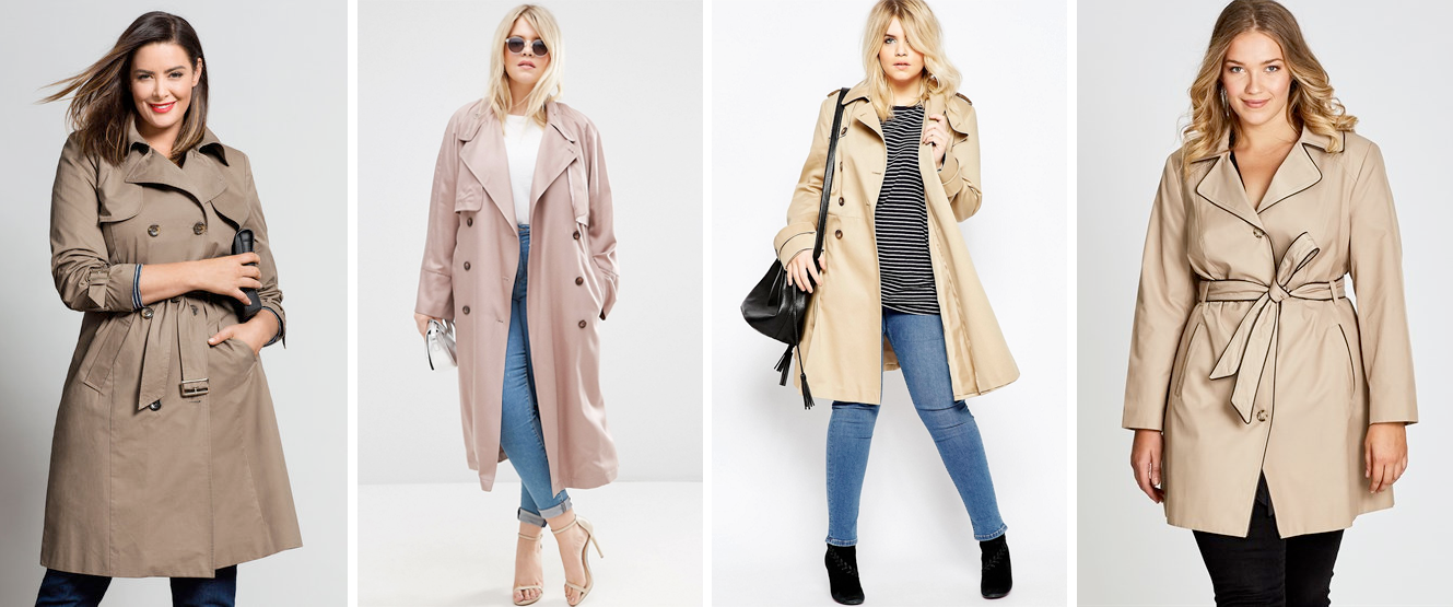 Plus size winter coats // Sara Trench Coat, $149.99 from EziBuy; ASOS CURVE Mac with Waterfall Drape and Roll Back Sleeve, AUD $163.00 from ASOS; ASOS CURVE Skater Mac, AUD $141.00 from ASOS; Trench Coat with PU Piping, AUD $129.99 from Autograph