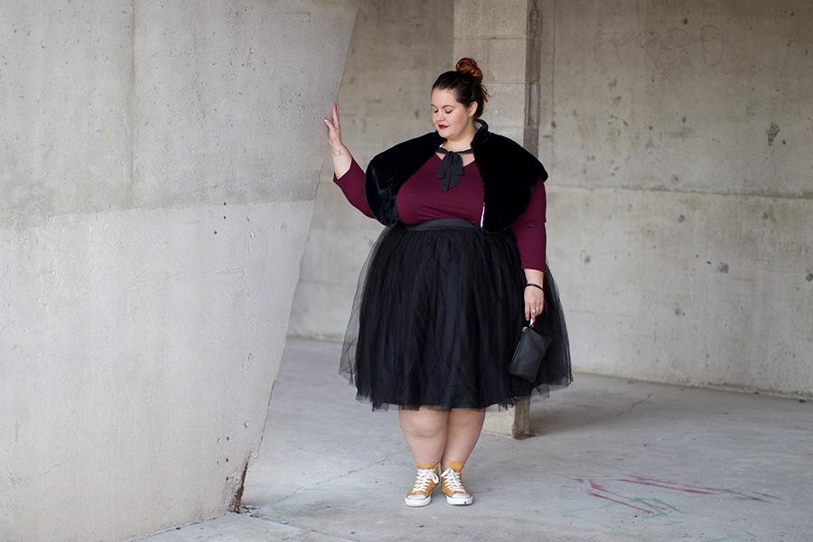 New Zealand plus size fashion blogger Meagan Kerr wears Kate Madison top from The Warehouse; Chocolat Dreamy Wrap; Premium Tutu from Society Plus; Jemma Hi Top Sneakers from Rubi Shoes