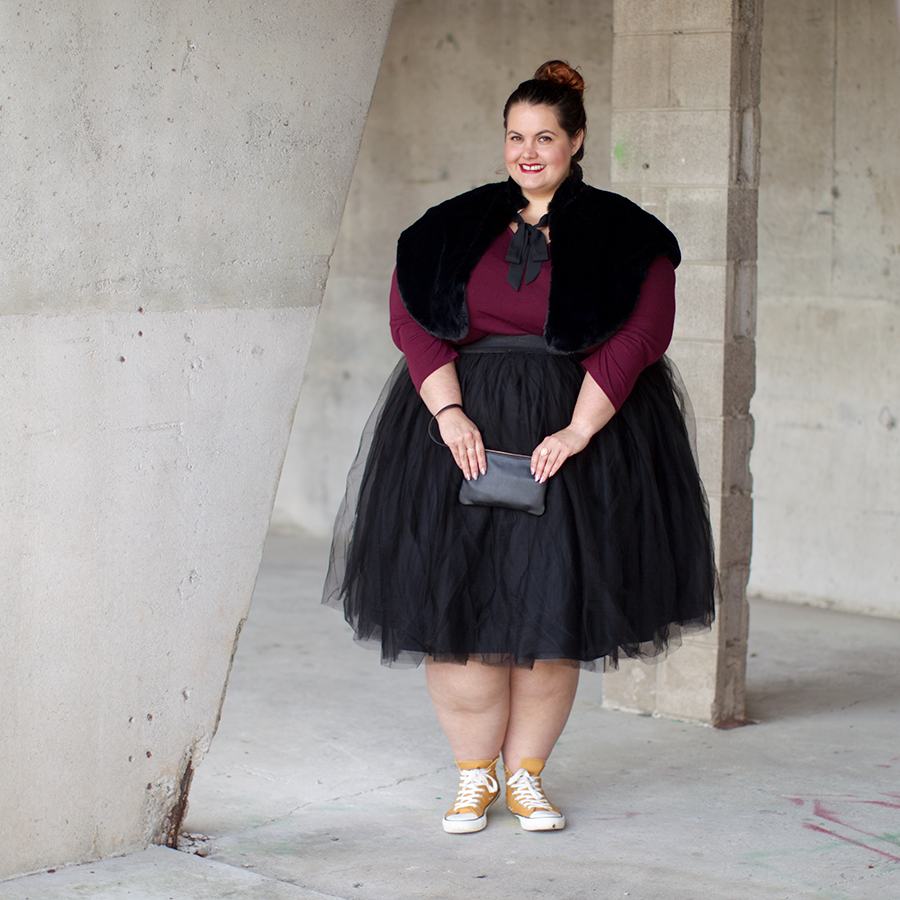 New Zealand plus size fashion blogger Meagan Kerr wears Kate Madison top from The Warehouse; Chocolat Dreamy Wrap; Premium Tutu from Society Plus; Jemma Hi Top Sneakers from Rubi Shoes