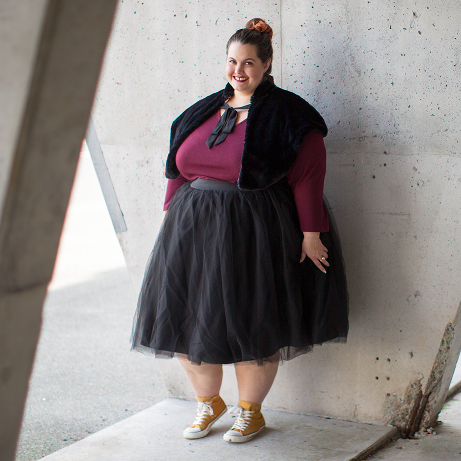 New Zealand plus size fashion blogger Meagan Kerr wears Kate Madison top from The Warehouse; Chocolat Dreamy Wrap; Premium Tutu from Society Plus; Jemma Hi Top Sneakers from Rubi Shoes