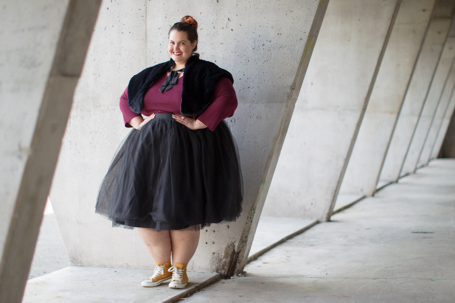New Zealand plus size fashion blogger Meagan Kerr wears Kate Madison top from The Warehouse; Chocolat Dreamy Wrap; Premium Tutu from Society Plus; Jemma Hi Top Sneakers from Rubi Shoes
