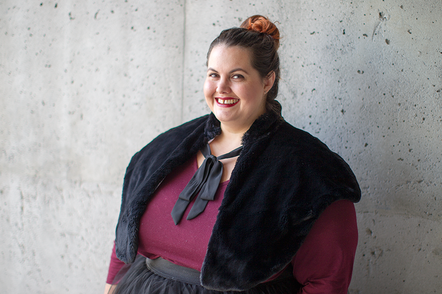 New Zealand plus size fashion blogger Meagan Kerr wears Kate Madison top from The Warehouse; Chocolat Dreamy Wrap; Premium Tutu from Society Plus; Jemma Hi Top Sneakers from Rubi Shoes