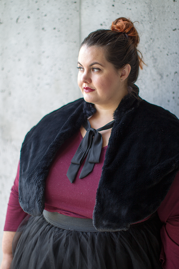 New Zealand plus size fashion blogger Meagan Kerr wears Kate Madison top from The Warehouse; Chocolat Dreamy Wrap; Premium Tutu from Society Plus; Jemma Hi Top Sneakers from Rubi Shoes