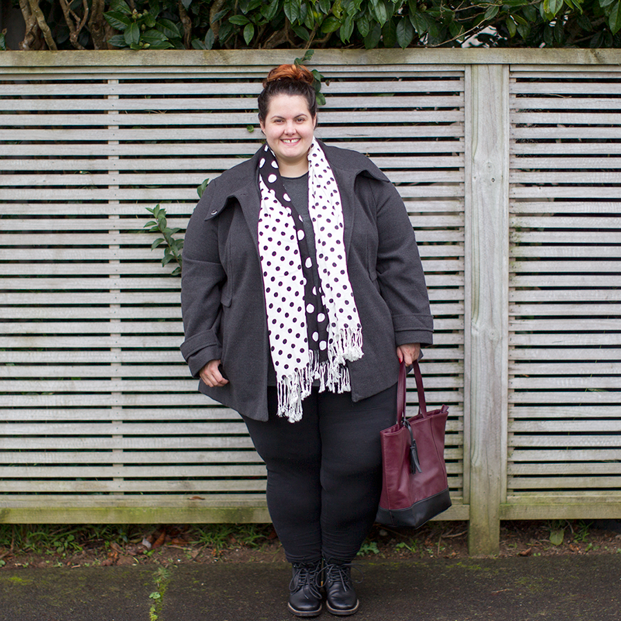New Zealand plus size fashion blogger Meagan Kerr wears Autograph Melton winter coat and K&K polka dot scarf