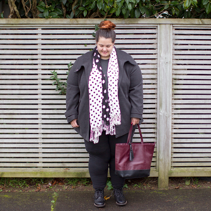 New Zealand plus size fashion blogger Meagan Kerr wears Autograph Melton winter coat and K&K polka dot scarf