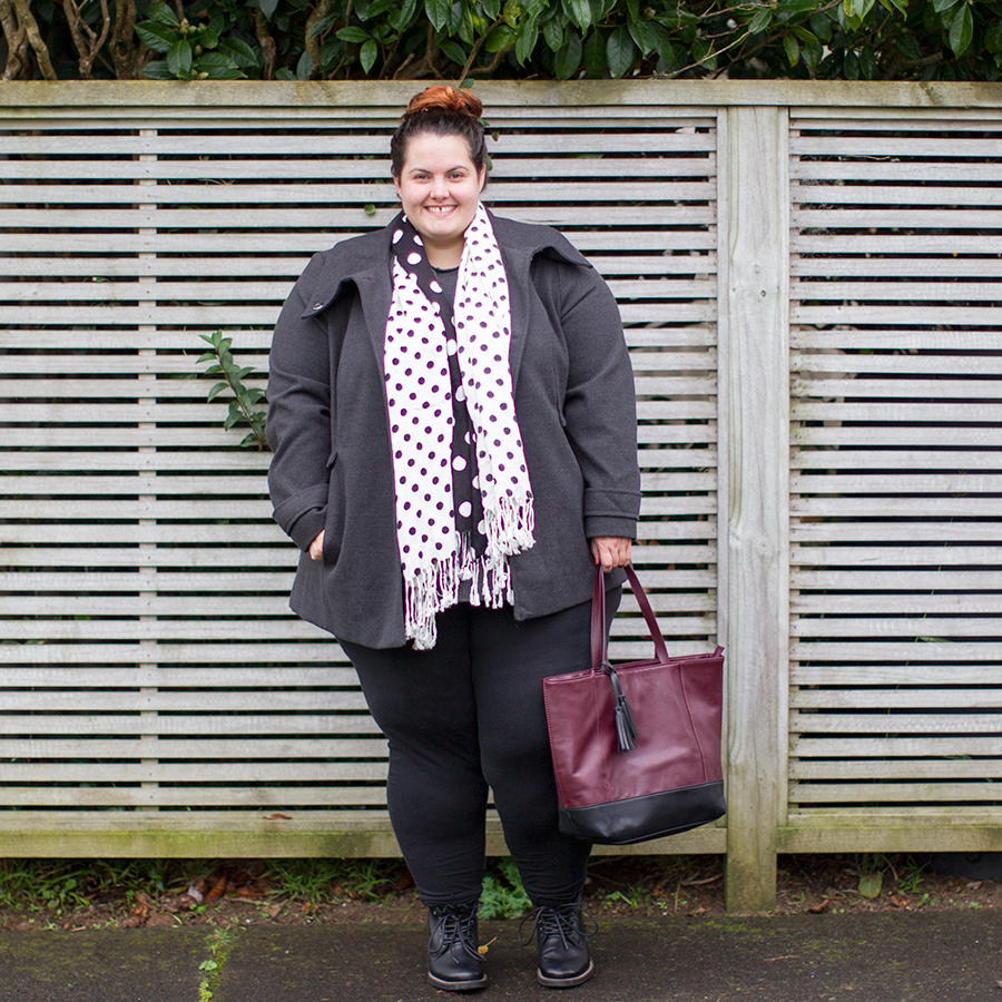 New Zealand plus size fashion blogger Meagan Kerr wears Autograph Melton winter coat and K&K polka dot scarf