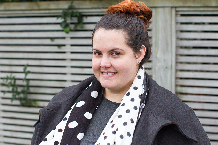 New Zealand plus size fashion blogger Meagan Kerr wears Autograph Melton winter coat and K&K polka dot scarf