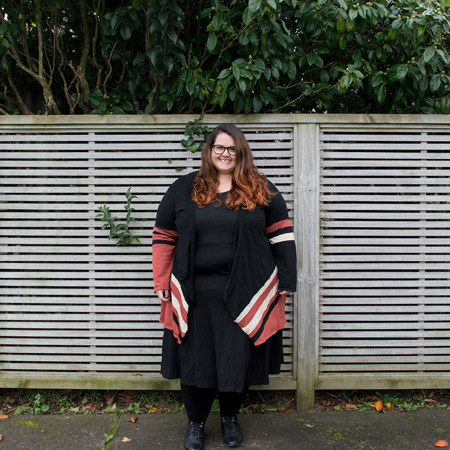 New Zealand plus size fashion blogger Meagan Kerr wrapped up in winter layers