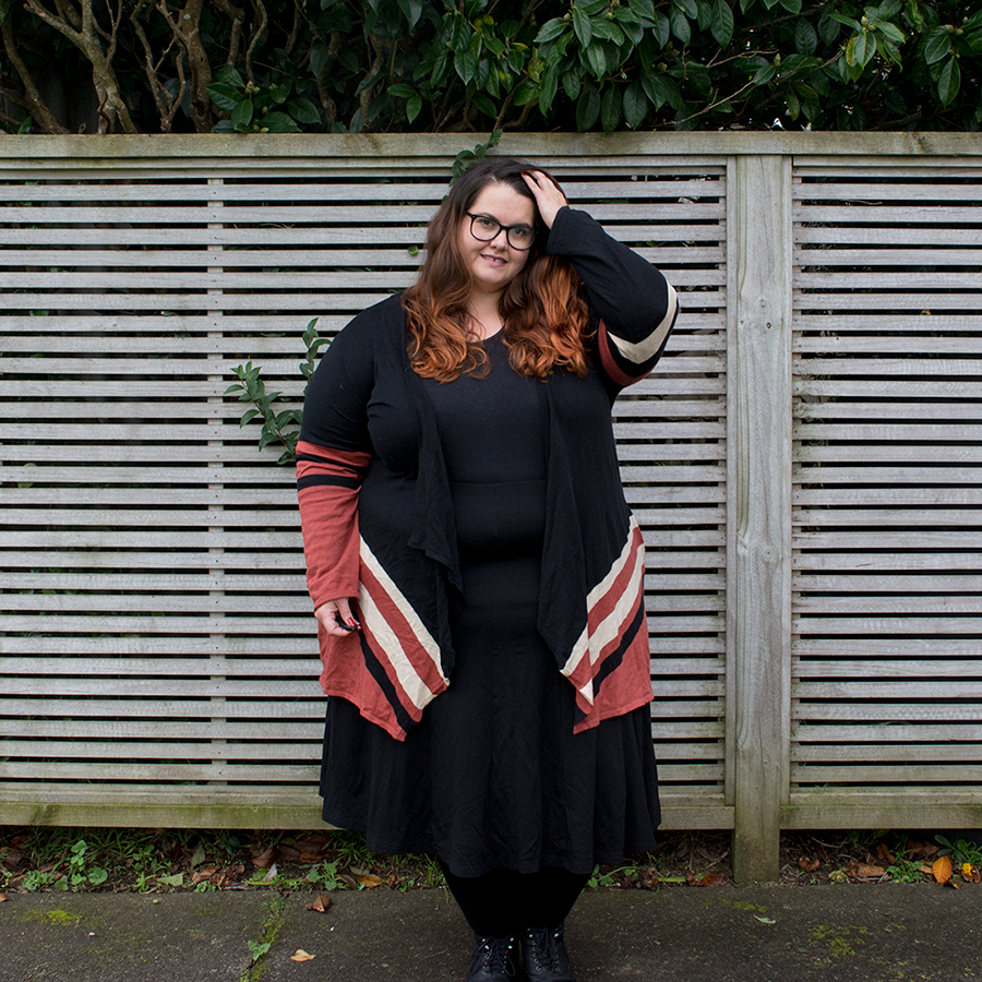 New Zealand plus size fashion blogger Meagan Kerr wrapped up in winter layers