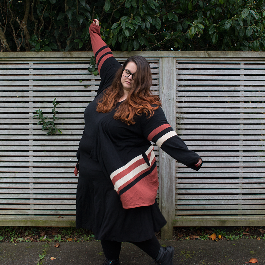 New Zealand plus size fashion blogger Meagan Kerr wrapped up in winter layers