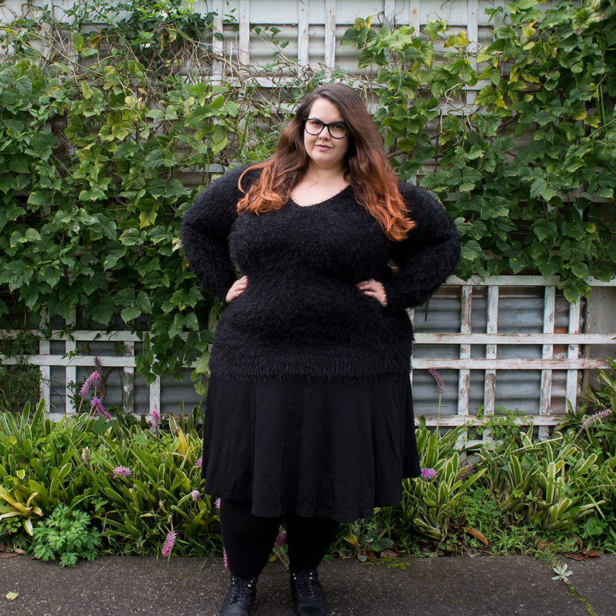 New Zealand plus size fashion blogger Meagan Kerr wears 17 Sundays envy Feather Knit Sweater