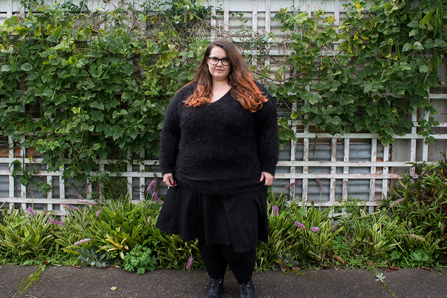 New Zealand plus size fashion blogger Meagan Kerr wears 17 Sundays envy Feather Knit Sweater