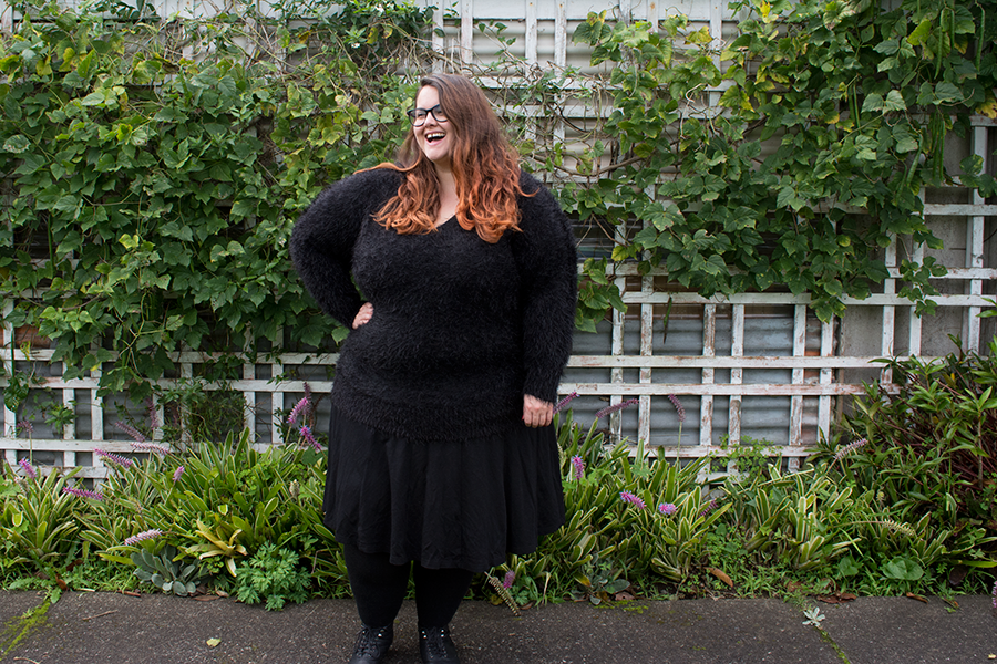 New Zealand plus size fashion blogger Meagan Kerr wears 17 Sundays envy Feather Knit Sweater