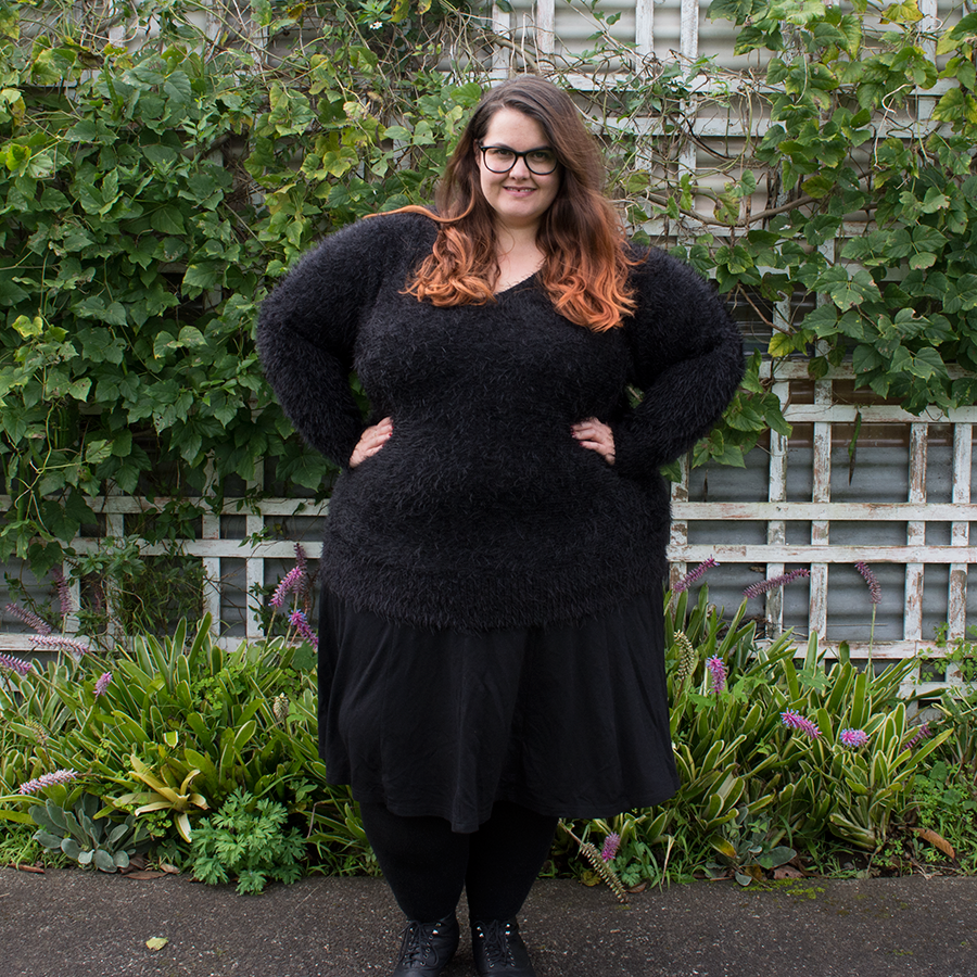 New Zealand plus size fashion blogger Meagan Kerr wears 17 Sundays envy Feather Knit Sweater