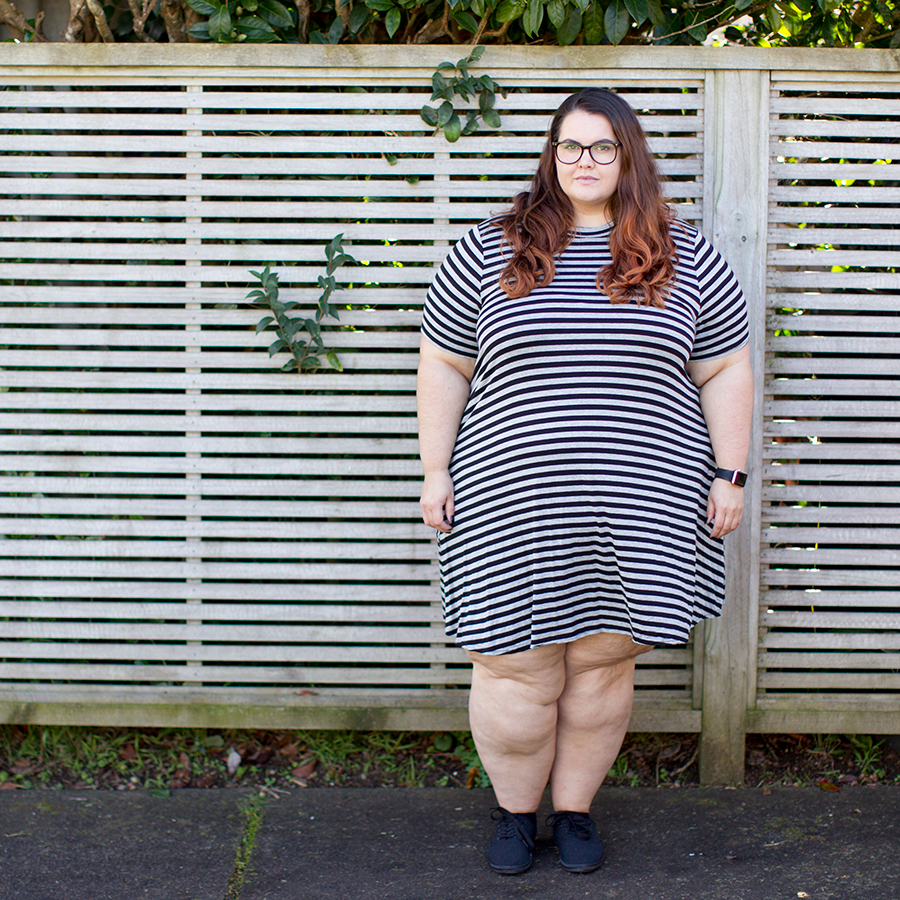 New Zealand plus size fashion blogger This is Meagan Kerr wears Yours Clothing grey striped turtleneck swing dress