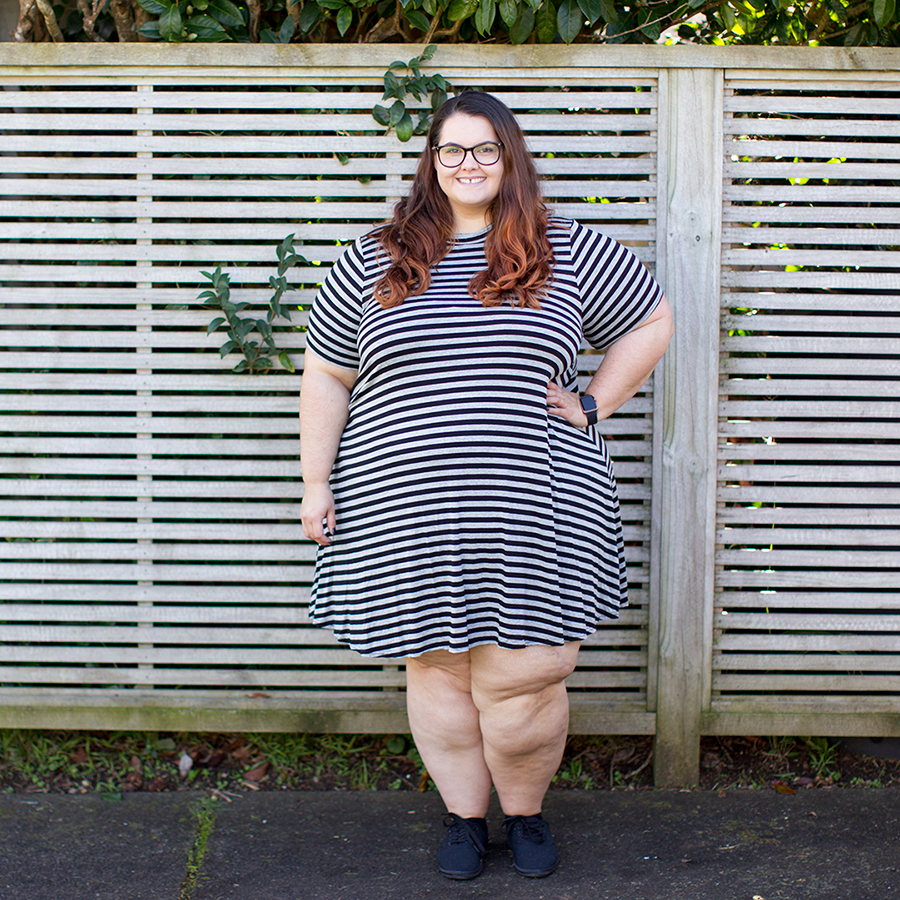 New Zealand plus size fashion blogger This is Meagan Kerr wears Yours Clothing grey striped turtleneck swing dress
