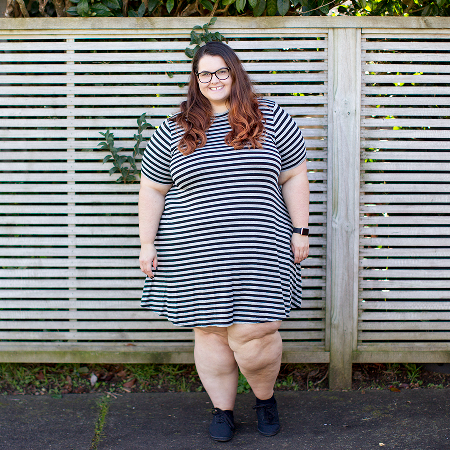 New Zealand plus size fashion blogger This is Meagan Kerr wears Yours Clothing grey striped turtleneck swing dress