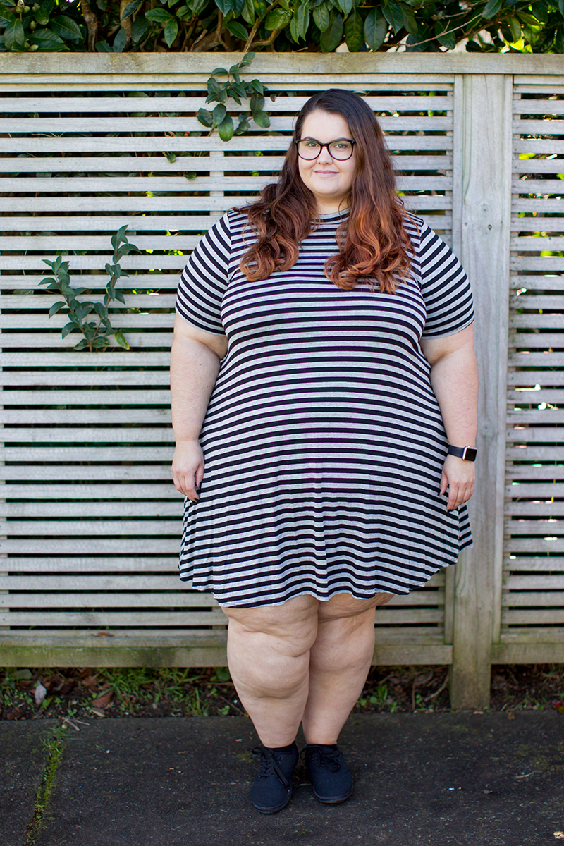 New Zealand plus size fashion blogger This is Meagan Kerr wears Yours Clothing grey striped turtleneck swing dress