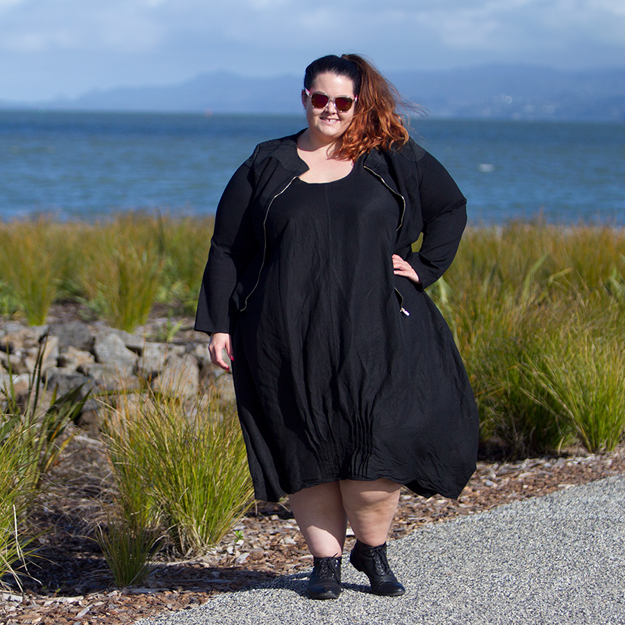 New Zealand plus size blogger Meagan Kerr wears Lost and Led Astray Tuck Hem Dress and City Chic Sweet Elastic Jacket