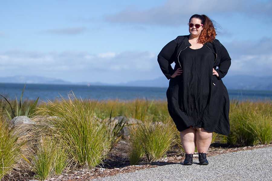 New Zealand plus size blogger Meagan Kerr wears Lost and Led Astray Tuck Hem Dress and City Chic Sweet Elastic Jacket