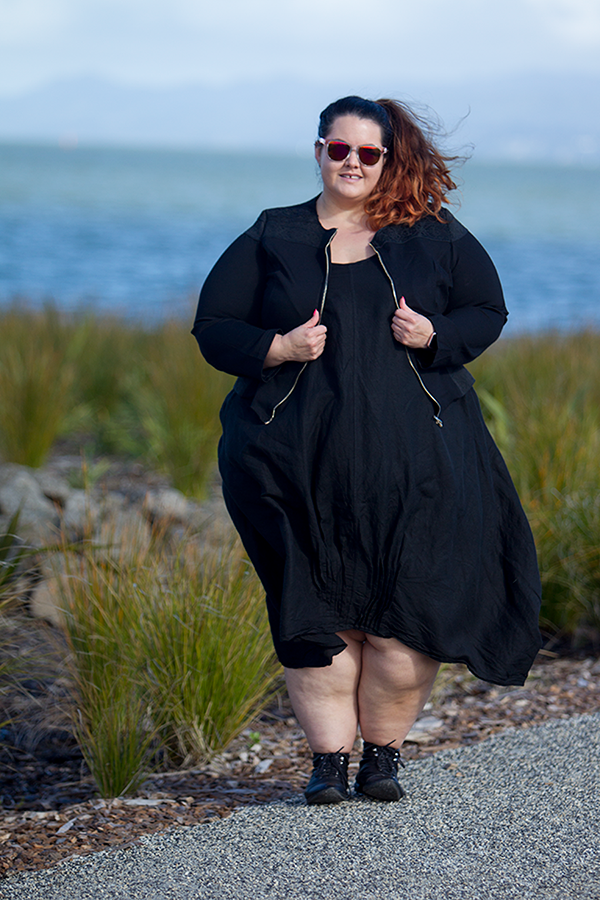 New Zealand plus size blogger Meagan Kerr wears Lost and Led Astray Tuck Hem Dress and City Chic Sweet Elastic Jacket