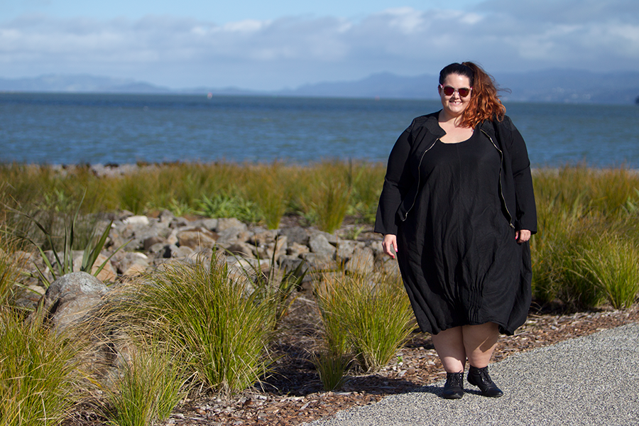 New Zealand plus size blogger Meagan Kerr wears Lost and Led Astray Tuck Hem Dress and City Chic Sweet Elastic Jacket