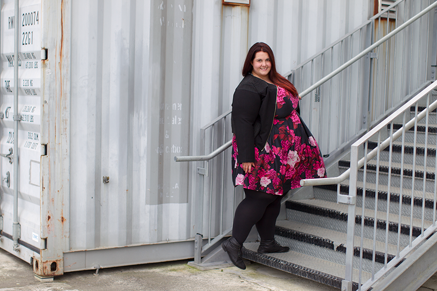 New Zealand plus size fashion blogger Meagan Kerr wears Autumn Days Dress and Sweet Elastic Jacket from City Chic