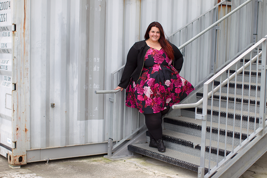 New Zealand plus size fashion blogger Meagan Kerr wears Autumn Days Dress and Sweet Elastic Jacket from City Chic