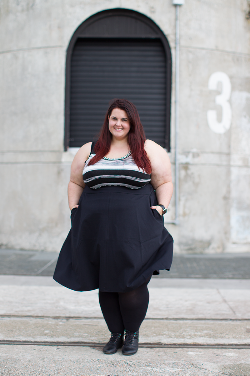 New Zealand plus size fashion blogger Meagan Kerr wears Space Dye Sweater Tank and Ponte Circle Skirt from Lane Bryant