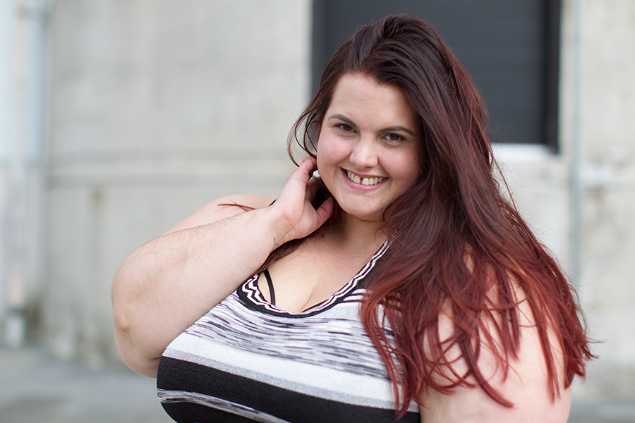 New Zealand plus size fashion blogger Meagan Kerr wears Space Dye Sweater Tank and Ponte Circle Skirt from Lane Bryant