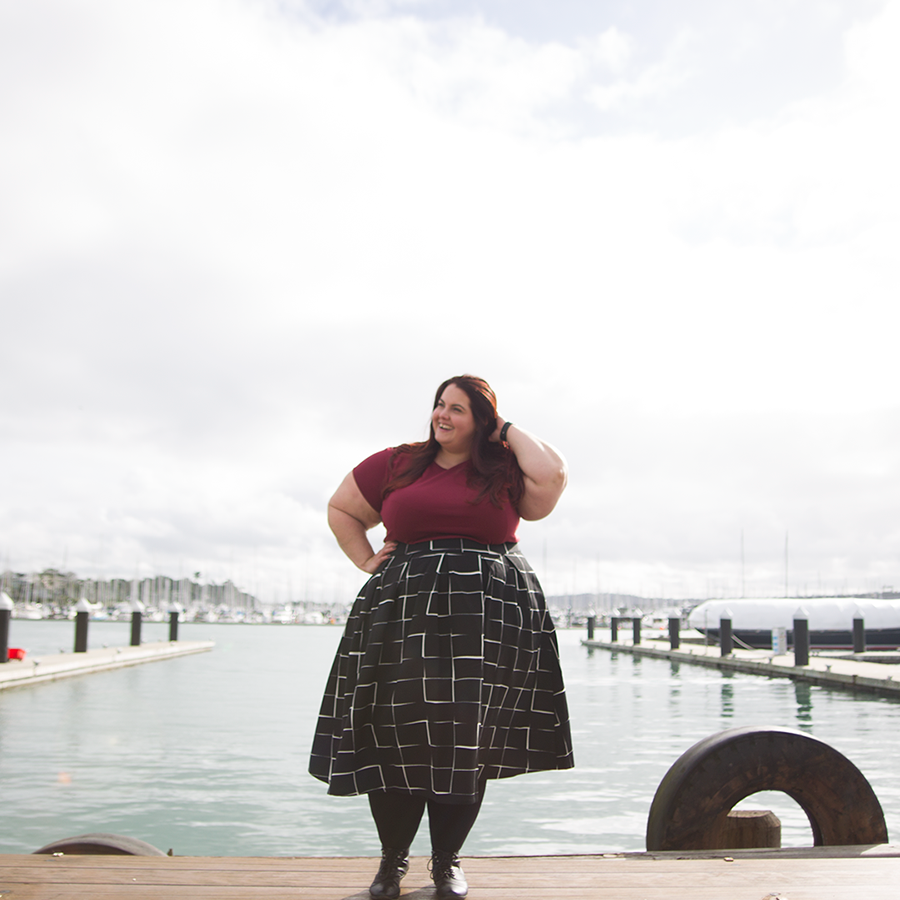 New Zealand plus size fashion blogger Meagan Kerr wears Perfect T and Kate Midington Skirt from Society+