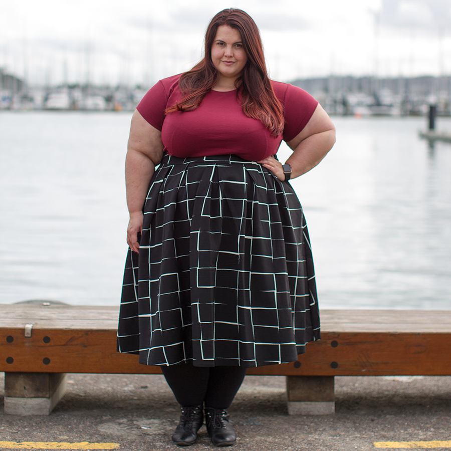 New Zealand plus size fashion blogger Meagan Kerr wears Perfect T and Kate Midington Skirt from Society+