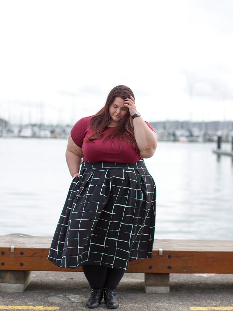 New Zealand plus size fashion blogger Meagan Kerr wears Perfect T and Kate Midington Skirt from Society+