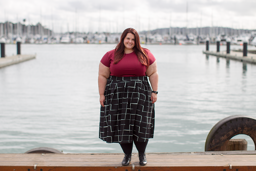 New Zealand plus size fashion blogger Meagan Kerr wears Perfect T and Kate Midington Skirt from Society+