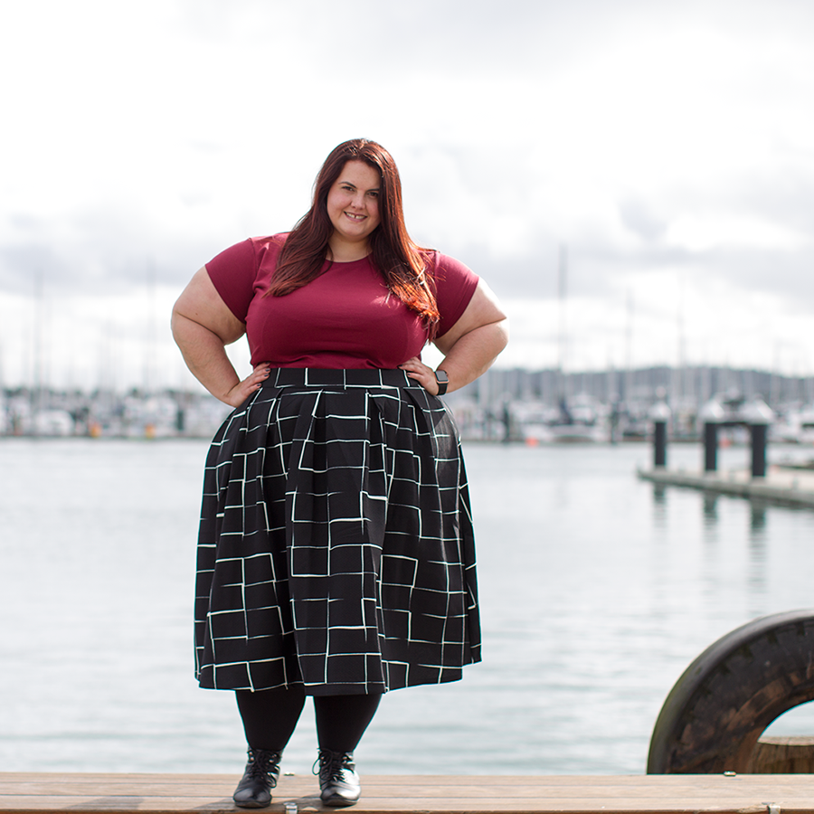 New Zealand plus size fashion blogger Meagan Kerr wears Perfect T and Kate Midington Skirt from Society+