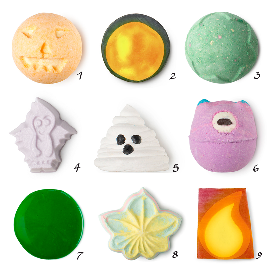 Lush Halloween Trick or Treat: Pumpkin Bath Bomb, Magic Wand Soap, Lord of Misrule Bath Bomb, Goth Fairy Shimmer Bar, Boo Bath Melt, Monsters' Ball Bath bomb, Lord of Misrule Shower Cream, Autumn Leaf Bath Bomb, Fireside Soap