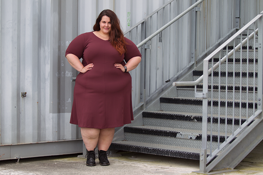 This is Meagan Kerr wears Navabi A Line Dress in wine - plus size workwear