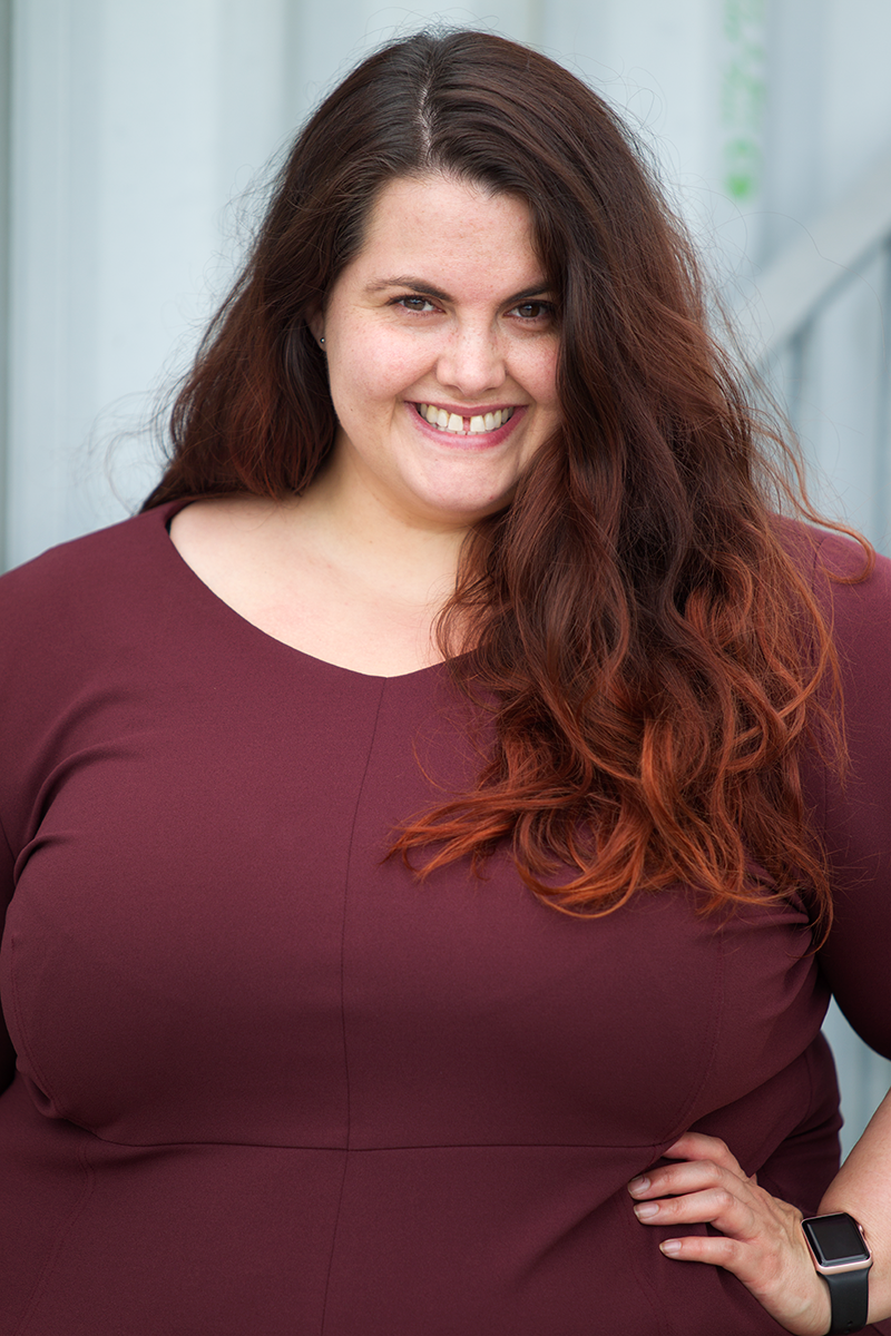 This is Meagan Kerr wears Navabi A Line Dress in wine - plus size workwear